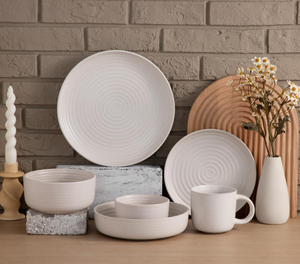 Modern Concentric Swirl Embossed <b>Ceramic</b> Dinnerware Set Speckled Matte Beige <b>Plates</b> Bowls Mugs Custom Logo Custom Color Food - Product Image 3