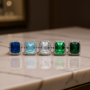 Anillo E800 con Gema Cuadrada Pequeña, Corte Esmeralda, Engaste Pavé, Zafiro Natural, Estilo Glam Unisex, Piedra de Nacimiento de Septiembre - Product Image 2