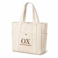Sac fourre-tout en toile multi-poches avec logo personnalisé, bouton pression en laiton, poches extérieures pour bouteilles, monogramme brodé, sac à main pour les trajets quotidiens