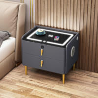 Table de chevet intelligente en bois massif avec verrouillage par empreinte digitale, charge sans fil, éclairage LED, haut-parleur Bluetooth, deux tiroirs, armoire de rangement pour chambre à coucher