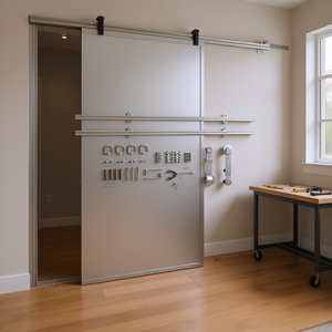 Kit de quincaillerie pour porte coulissante en acier inoxydable, 72 pouces, couleur argent, porte intérieure en verre, design minimaliste - Product Image 2