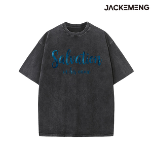 Gewaschenes Oversize-Baumwoll-T-Shirt mit Aufdruck „Salvation in His Name“ in blauem Aquarell-Schriftzug, Retro-Streetwear, Alltags-Casual-T-Shirt, USA - Product Image 4
