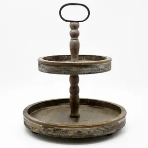 Farmhouse Vintage Distressed Wood Metal Handle 2 Tier Wooden Tray Cake Stand, Rustic Round 2 Tier Wooden Storage Serving Tray