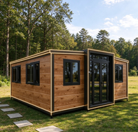 Maison conteneur extensible à double aile, finition bois, préfabriquée modulaire avec éclairage LED pour complexe forestier, ADU, bureau de jardin