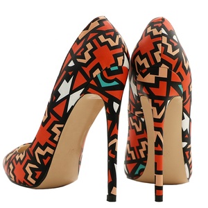 Size 45 Red Geometric Printed Korea Women High Heel Pointed Toe Dress <b>Shoes</b> 12cm Heels Pumps Ladies Stiletto - Product Image 6