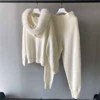 Costume en tricot ample pour femmes, nouveau, bon marché, col en fausse fourrure, sweat à capuche, ensemble 2 pièces,