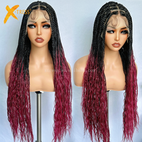 Perruques Tressées Pleine Dentelle Bohème 32 Pouces Ombre Bordeaux, Tresses Carrées Faites à la Main avec Boucles Boho