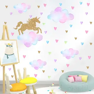 Hot Sale Lovely Unicorn Wall Decal Cute Heart Stars Wallpaper For Bedroom Kid's Room Home Decor TV Background Wall Stickers