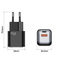 Adaptateur de voyage PD 25W PD 3.0 QC3.0 Super Fast Charging USB-C Chargeur mural universel 100-240V pour téléphones mobiles