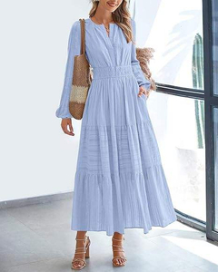 Robe élégante pour femmes à manches longues et col en V, avec taille plissée et ourlet superposé, pour un usage quotidien, robe fluide - Product Image 2