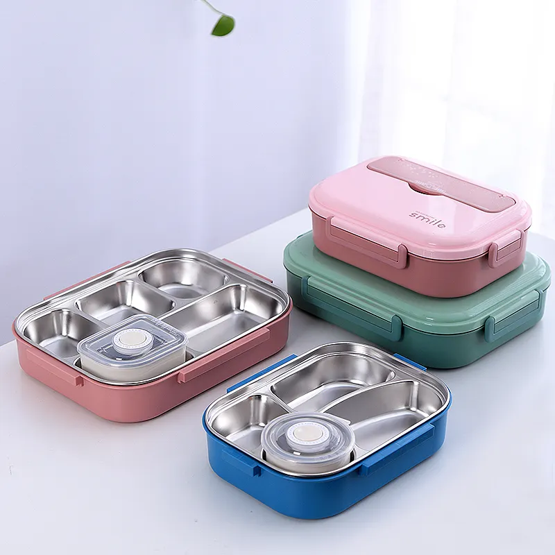 Kids Bento Box Leakproof 5 Compartments Stainless Steel Tiffin Lunch Box With Cutlery For Student And Office