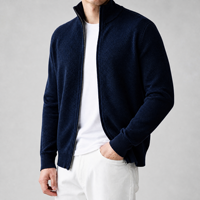 Usine de tricotage OEM ODM sur mesure, fournisseur en gros, cardigan en tricot nid d'abeille à fermeture éclair bleu marine pour homme