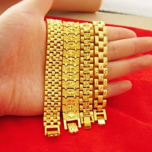 Gelang Tautan pergelangan tangan klasik isi emas kuning 18K gelang tebal panjang 20cm untuk pria wanita hadiah trendi terutama dibuat dari tembaga - Product Image 1