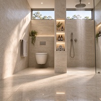 Ensemble de salle de bain moderne sur mesure de luxe, texture pierre, niche LED, design flottant, douche walk-in pour maison haut de gamme