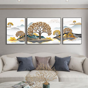 Panneaux décoratifs modernes d'art de mur 3D-conception de <span class=keywords><strong>paysage</strong></span> abstraite avec les arbres et les montagnes d'or - Product Image 3