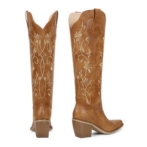 WETKISS <span class=keywords><strong>Stivali</strong></span> Texani Retrò <span class=keywords><strong>Marroni</strong></span> alla Moda, <span class=keywords><strong>Stivali</strong></span> da Cowboy con Punta Affusolata e Ricami Floreali, <span class=keywords><strong>Stivali</strong></span> Alti al Ginocchio da Cowgirl per Donne - Product Image 3