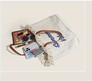 <span class=keywords><strong>Sac</strong></span> fourre-tout en toile portable à grande capacité personnalisable, <span class=keywords><strong>sac</strong></span> de shopping, <span class=keywords><strong>sac</strong></span> de plage en toile brodé à franges pour femmes - Product Image 2