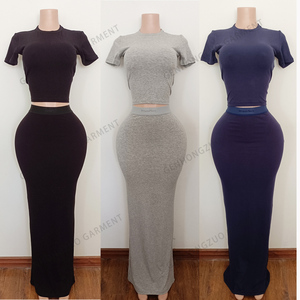 Custom 2 Piece Loungewear Set Women Nude Basic Cotton <strong>Jersey</strong> Short Sleeve T Shirt and <strong>Maxi</strong> <strong>Skirt</strong> Two Piece Set Women Clothing - Product Image 2