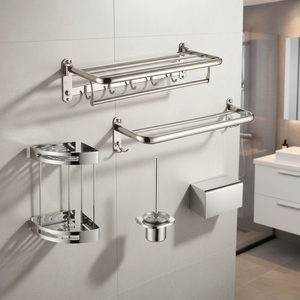Ensemble moderne d'accessoires de salle de bain en métal 5 pièces, porte-serviettes mural, porte-brosse de toilette, étagère d'angle, gain de place - Product Image 2
