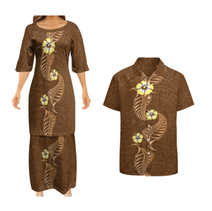 A basso prezzo all'ingrosso disegno polinesiano personalizzato coppie di <span class=keywords><strong>abbigliamento</strong></span> due pezzi set Samoan Puletasi abito abbinato camicie da uomo Aloha - Product Image 3