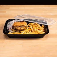 Boîte alimentaire jetable rectangulaire noire en PP, imprimée sur mesure, à faible MOQ, avec couvercle transparent anti-fuite, pour repas occidentaux