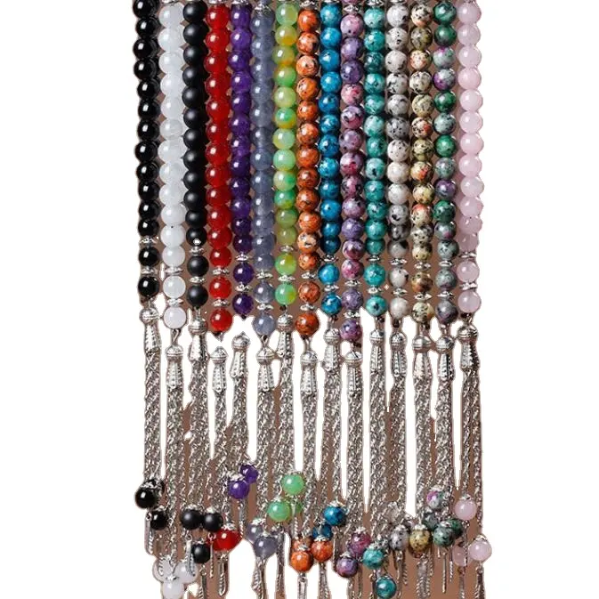 33 natural stone beads Stone Rosary agate, rose quartz, malachite, and tassel details quality Muslim prayer beads