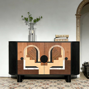 Buffet de salle à manger moderne de luxe Art Déco en bois massif avec incrustations en noyer, cannelé noir, <span class=keywords><strong>meuble</strong></span> de rangement - Product Image 1