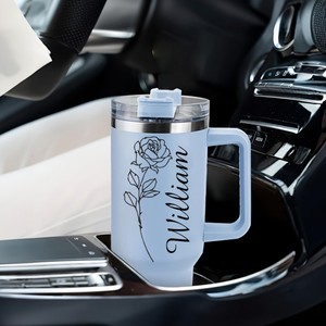 Impression 3d personnalisée nom et fleur de naissance bouteille d'eau en acier inoxydable cadeau de voyage tasses avec poignée et paille - Product Image 2
