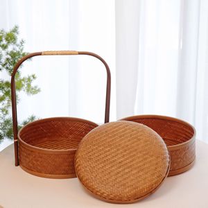 Handmade Double Layer <b>Bamboo</b> Basket Round Storage Box For Living Room Tea Set Food <b>Container</b> Gift Woven Basket - Product Image 2