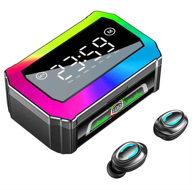 New GQ-03 Wireless Game Earbuds HD Mirror Large Screen Clock Display GQ03 Headphones Colorful Light Tws Gaming In-ear Headset