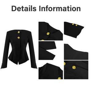 ZYHT 35226 Elegante schwarze Bluse mit goldenen Knöpfen, strukturierten Schultern, plissiertem O-Ausschnitt, langen Ärmeln, gewebtes Büro-Oberteil für Damen - Product Image 4