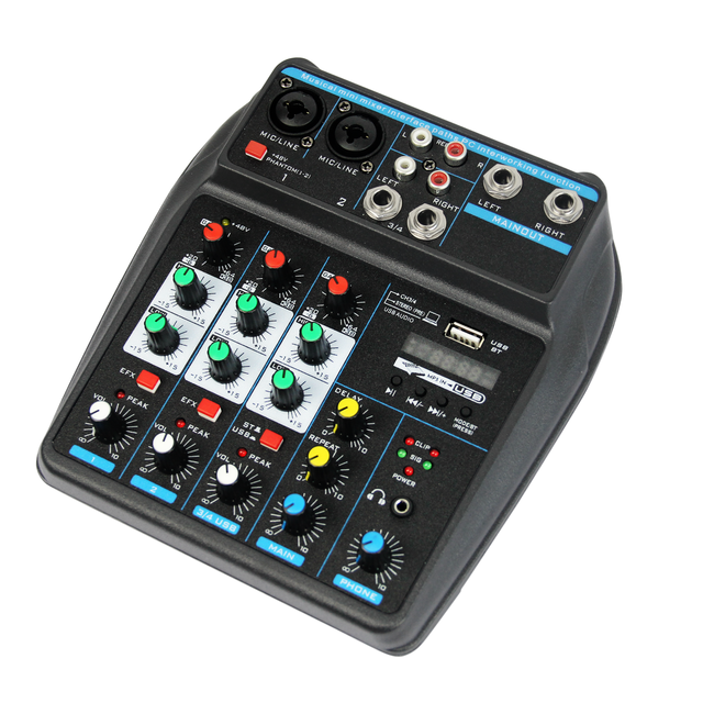 Noise Cancelling 40Hz-15KHz Frequency Response Supports 6 Devices Mini 4-Channel DJ Audio Mixer Controller for Home Computer