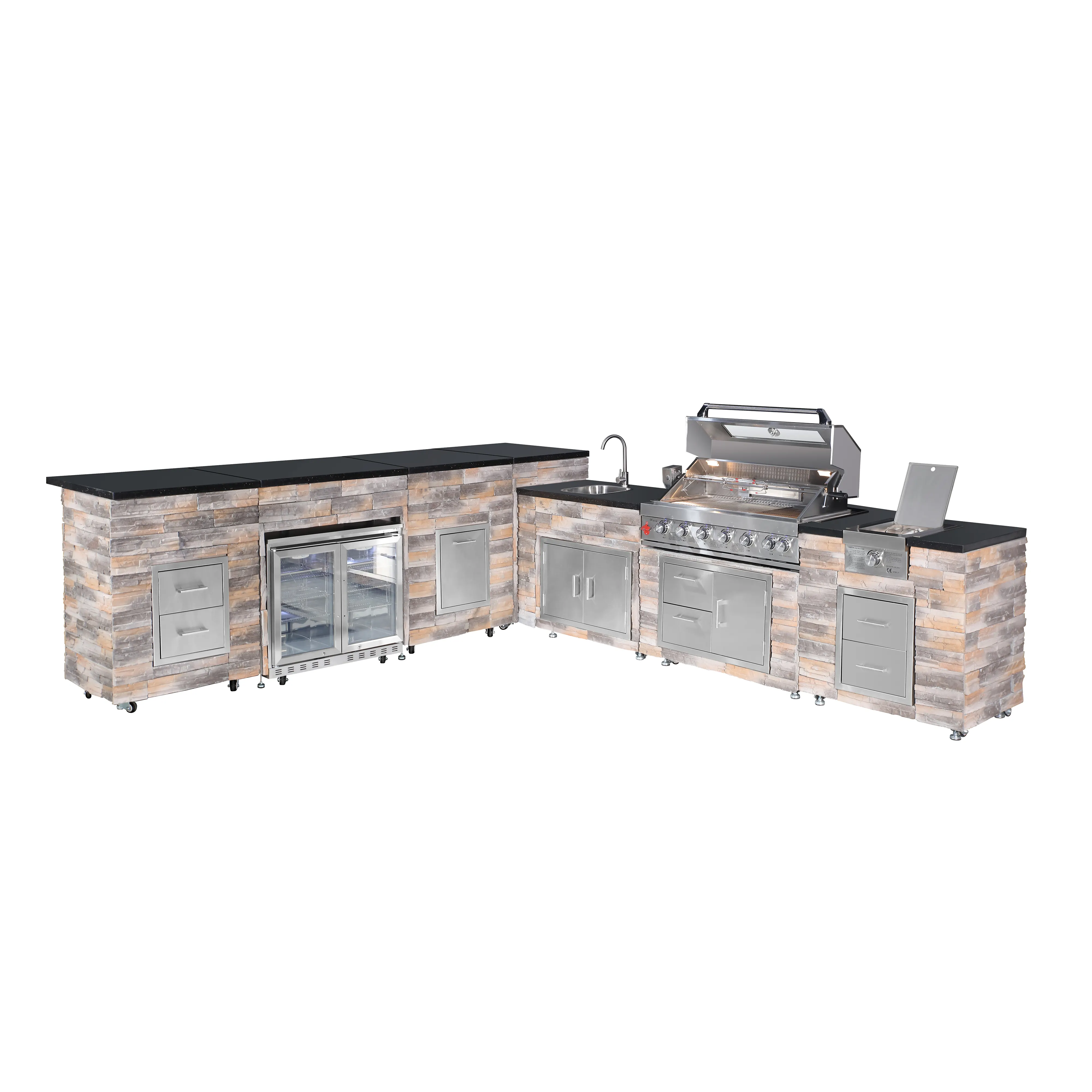 Outdoor Stone BBQ Island with Full Kitchen Includes Sink and Refrirator for Grilling BBQ Grills Genre