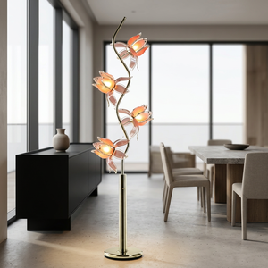 Interior Styling Lotus Flower <b>Floor</b> <b>Lamp</b>, Curvy Golden Rod 4 Glowing <b>Pink</b> Acrylic Lotus Decor <b>Lamp</b> for Showroom - Product Image 1