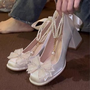 2026 Summer New French Style Bowknot Women High Heels Versatile <b>Block</b> Heel Elegant Wedding Bridesmaid Shoes - Product Image 1