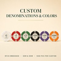 Jetons de poker RFID personnalisés 40 mm en composite d'argile ABS, avec dénomination en dollars américains, pour salles de poker de casino et fournitures de jeu.