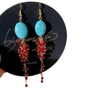 Pendientes Colgantes Vintage con Turquesa y Borlas de Cuentas Rojas, Joyería de Fiesta para Mujer, Chapados en Oro, Aleación de Zinc, Moda - Product Image 4