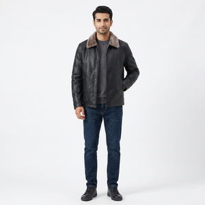 Business Casual Men Genuine Leather Varsity Jacket Stand Collar Thick Warm <b>Fleece</b> Breathable Hooded Vintage for Autumn - Product Image 1