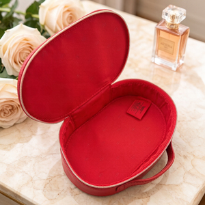 Pochette de maquillage ovale en <span class=keywords><strong>cuir</strong></span> rouge, portable, avec poignée, fermeture éclair dorée, <span class=keywords><strong>organiseur</strong></span> de beauté de <span class=keywords><strong>luxe</strong></span> pour femmes - Product Image 6