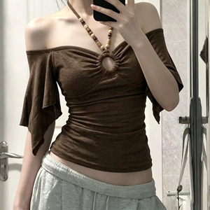 Blouse décontractée d'été pour femme, style Y2K, épaules dénudées, manches évasées irrégulières, en tricot respirant, streetwear - Product Image 4