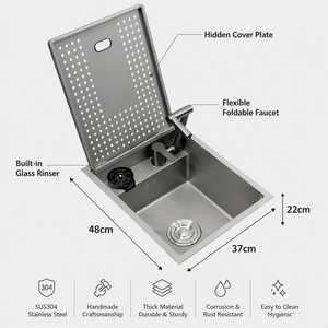 Fregadero de Cocina Oculto de Plata Nano que Ahorra Espacio |   Fregadero Individual de Acero Inoxidable SUS304 Hecho a Mano con Grifo Plegable Integrado - Product Image 2