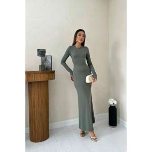 Robe longue moulante kaki en gros, col montant, taille naturelle, confortable pour les soirées - Product Image 4