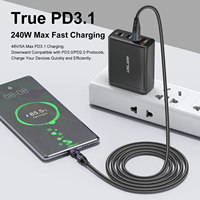Kabel Data USB-C 240W Super Fast Charging Dual-to-Triple Right-Angle Magnetic Braided Jacket Weaving Material 5A PD 100W