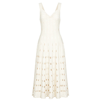 Robe midi en tricot pour femme, mode été : élégante, sans manches, ajourée, col en V, jupe évasée, robe de plage