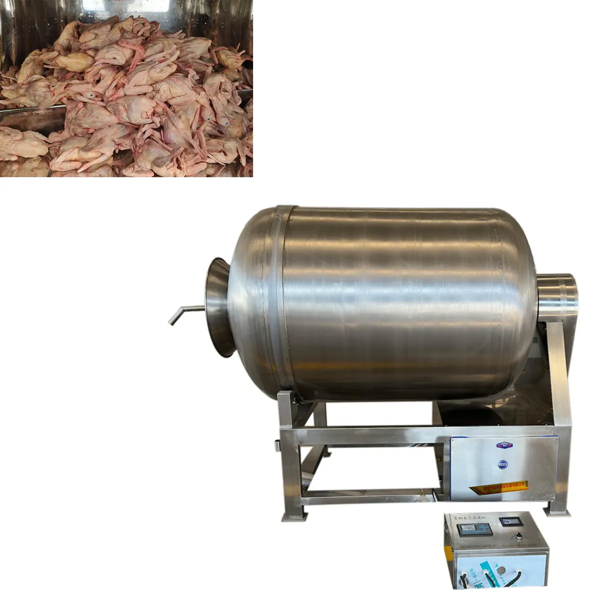 Large commercial vacuum tumbler machine for cured meats for sausages