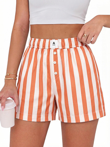 Shorts de Algodón a Rayas de Cintura Alta para Mujer con Cierre de Botones, Estilo Casual, Color Blanco - Product Image 2