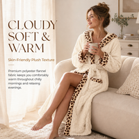 Peignoir long en flanelle douce à capuche pour femme, imprimé léopard crème, 240g, en polyester, respirant et thermique, idéal pour la détente et la vente en gros