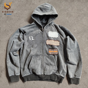 ผู้ผลิตขายส่งเสื้อฮู้ดดี้สตรีทแวร์แบบหนา ตัดเย็บทรงโอเวอร์ไซส์ ล้างสีแบบแอซิดวอช ปักลายปะติด ซิปหน้า - Product Image 1