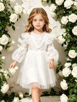 Robe de princesse blanche à manches bouffantes pour filles, robe de demoiselle d'honneur en dentelle et tulle pour enfants, robe de fête et de mariage