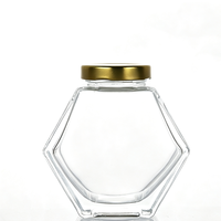 Botol Madu Kaca Heksagonal Mewah Kosong Grosir 380ml 500g dengan Tutup Emas, Wadah Makanan Heksagonal, Stoples Kemasan Selai, Rempah-rempah, dan Madu